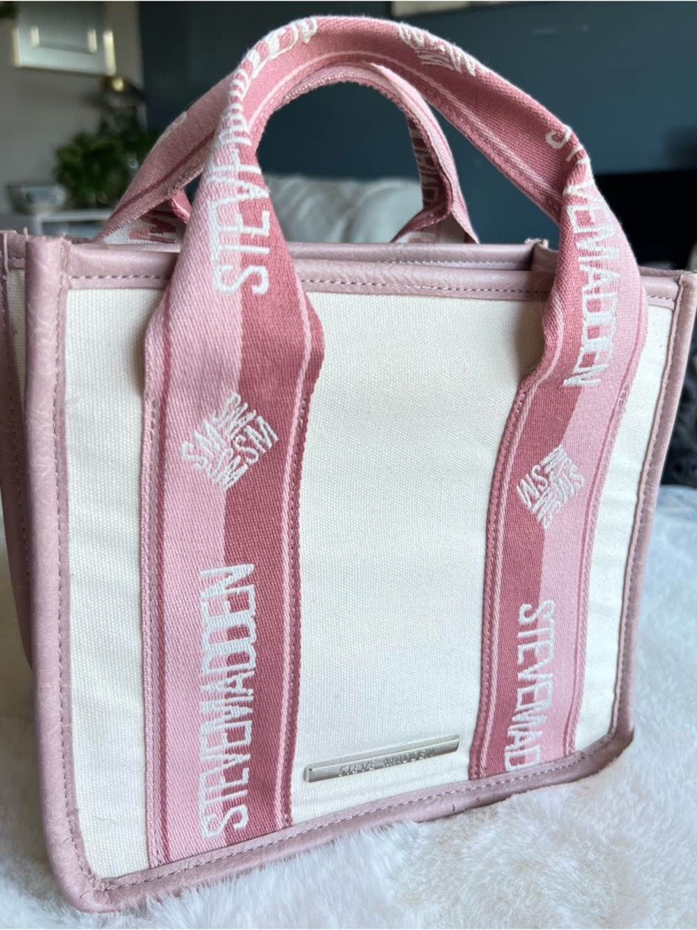 Steve Madden Mini Tote Bag Pink Canvas Crossbody Strap Small Purse